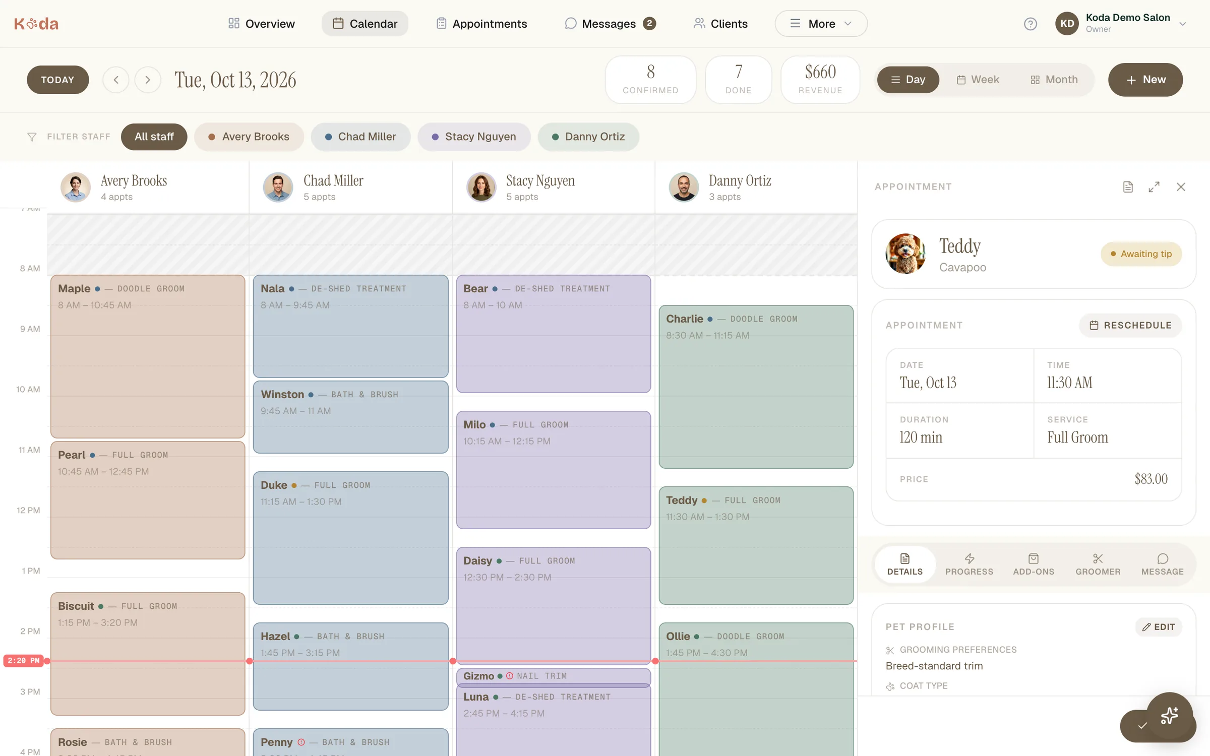 Koda calendar with an appointment's details open
