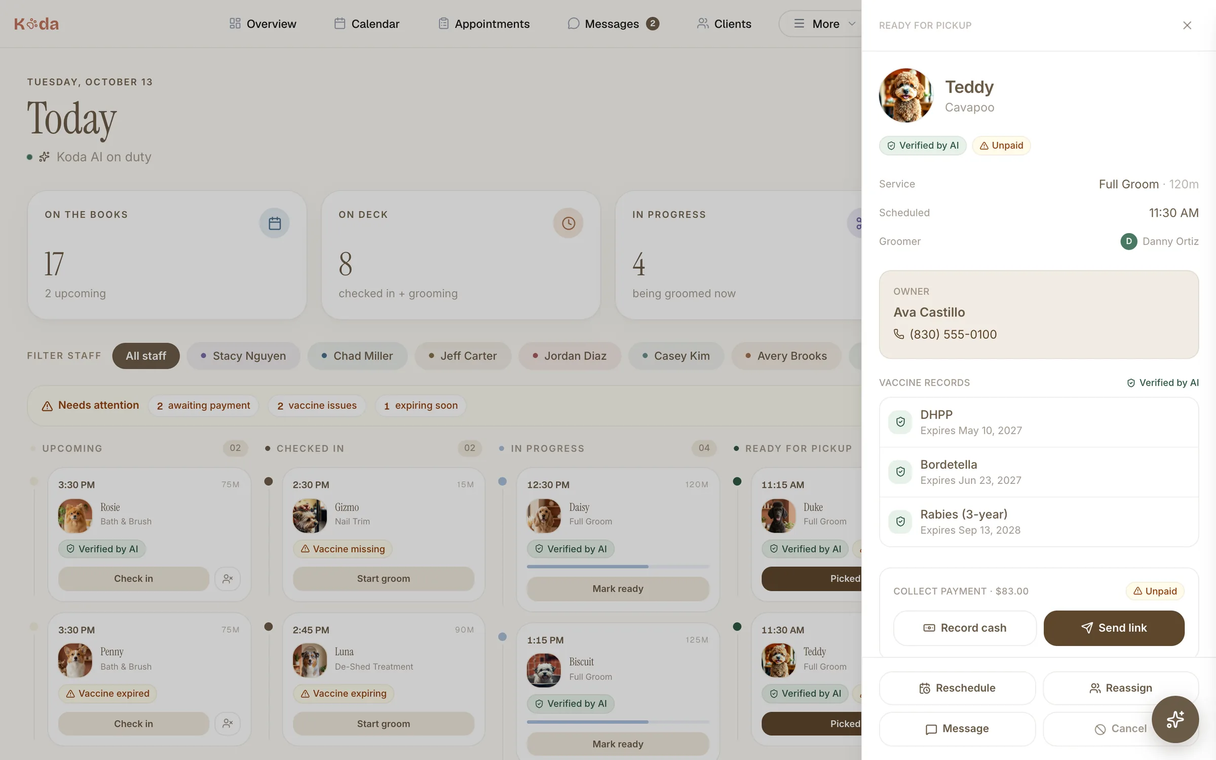 Koda front-desk board with checkout open: record cash or send a payment link