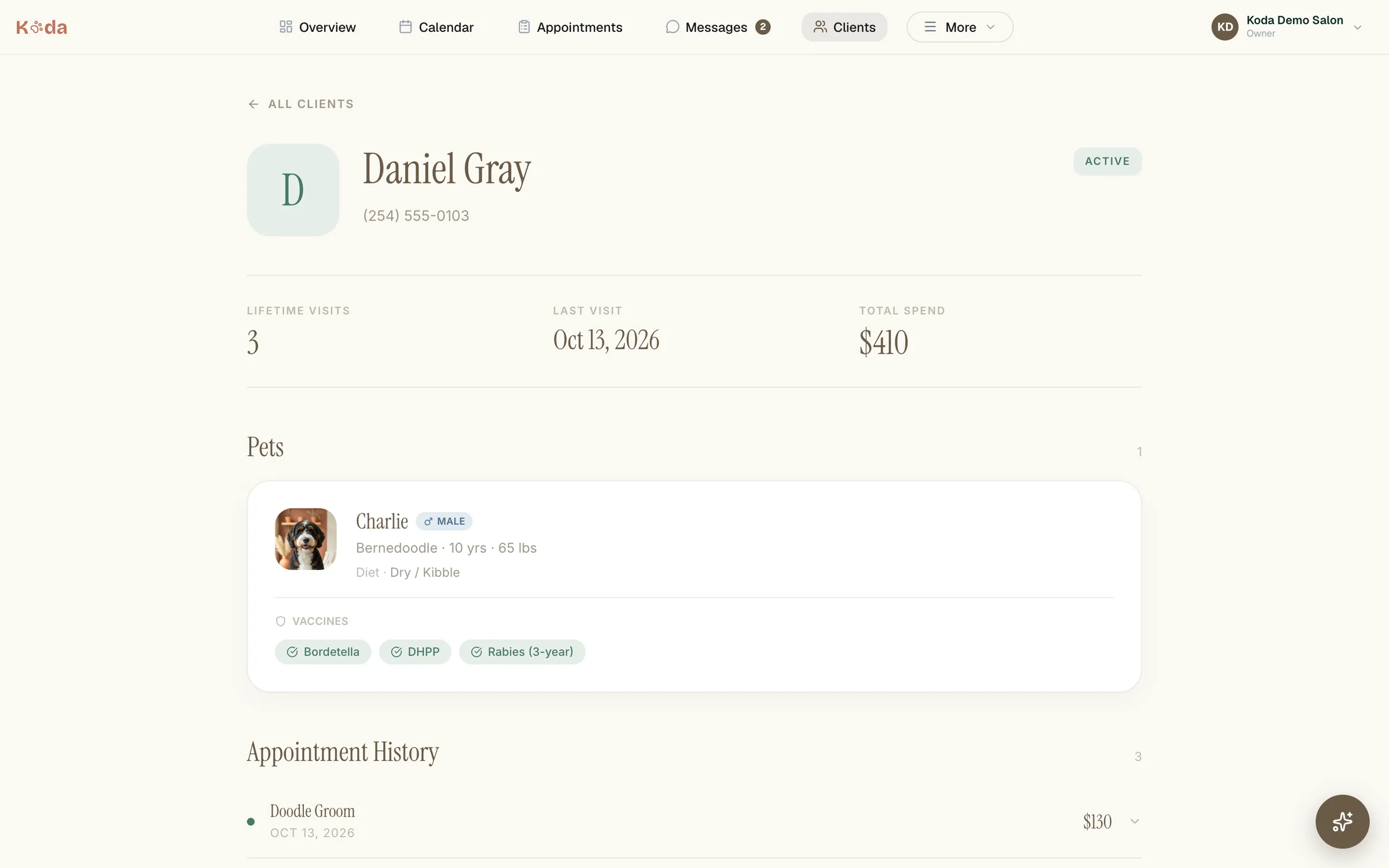 A Koda client record: pets, visits, spend and appointment history