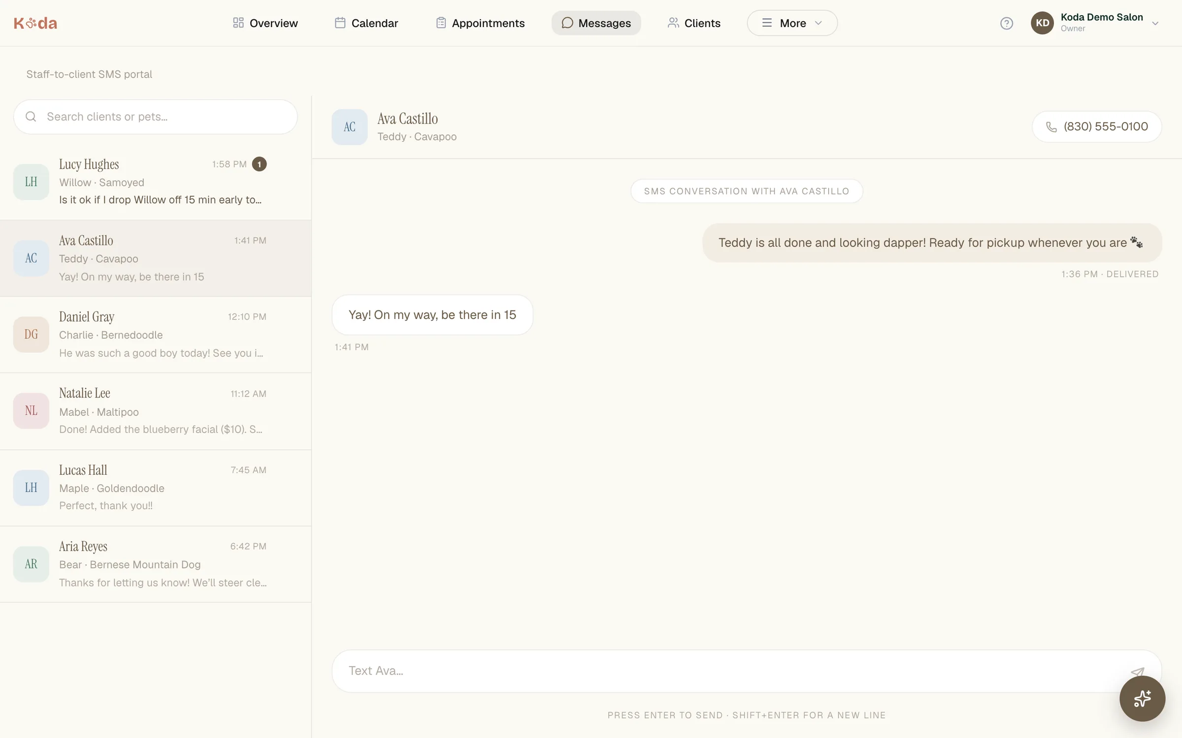 Koda messages: one text thread per client, tied to the appointment