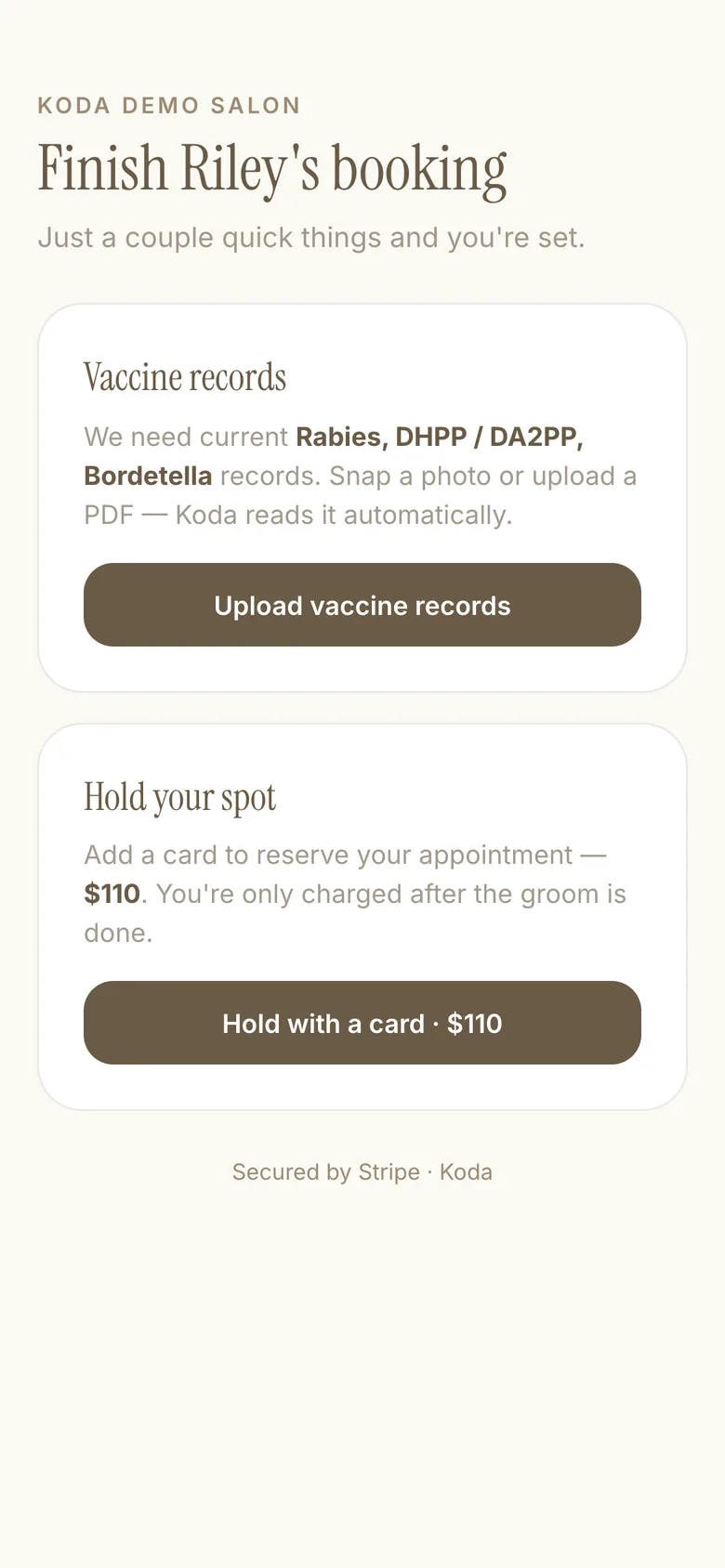 Finishing a booking made by phone: vaccines and card hold