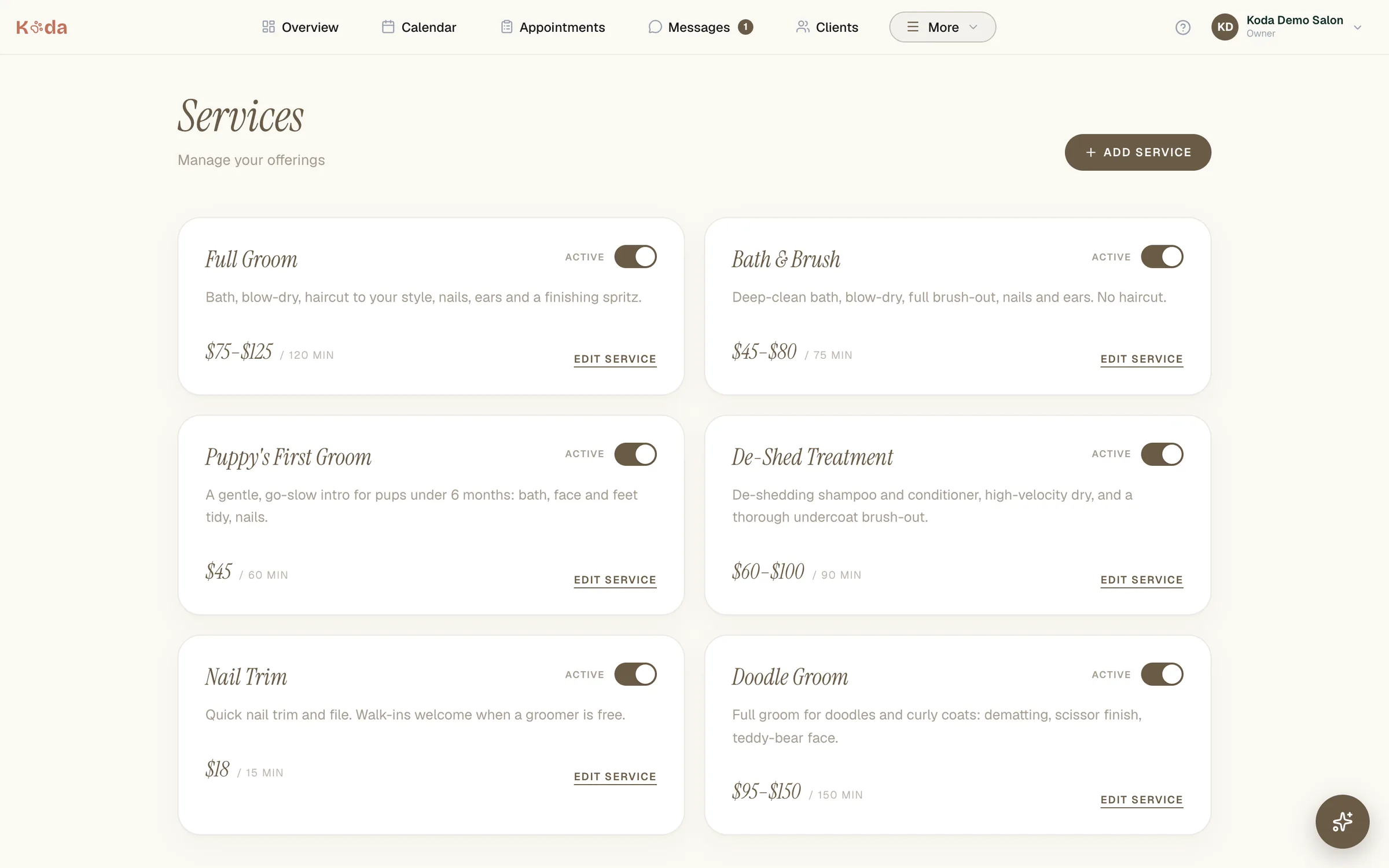 Koda service menu with size-based pricing