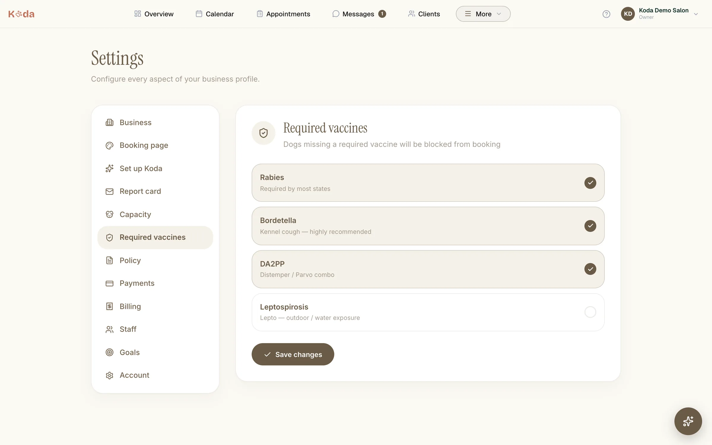 Choosing required vaccines in Koda settings