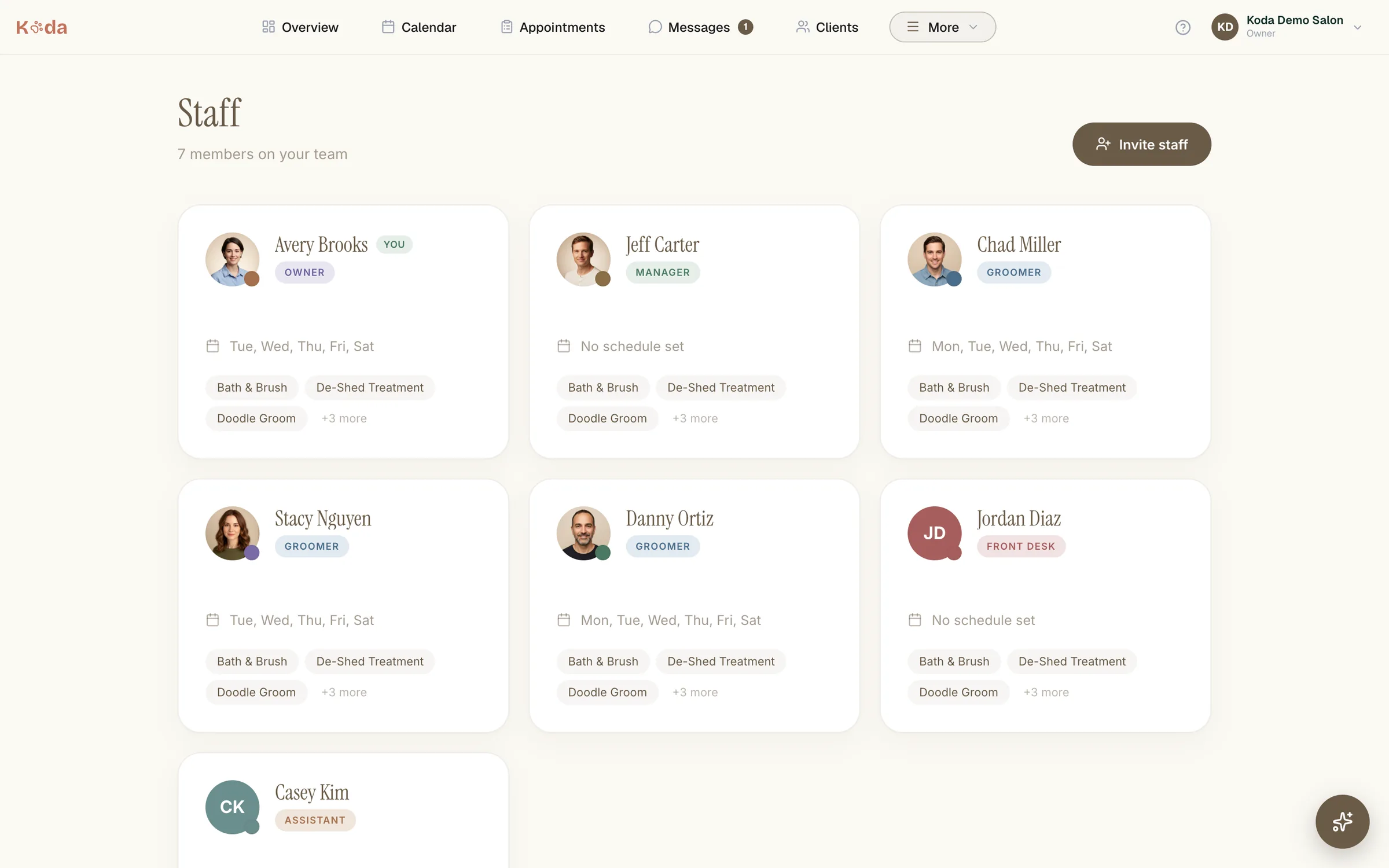 The Koda team page: roles, schedules and services per groomer